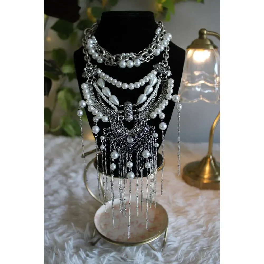 Free People Silver Pearl Statement Bib Necklace Boho Layered Fringe msrp 99